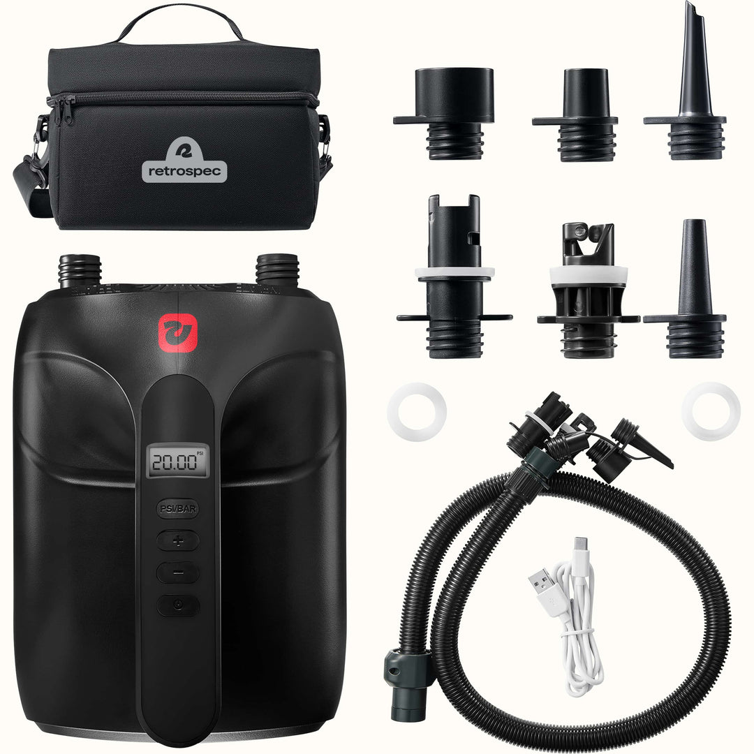 Breeze Plus Electric rechargeable air pump with nozzles, hose, usb c charger, and a carry bag.