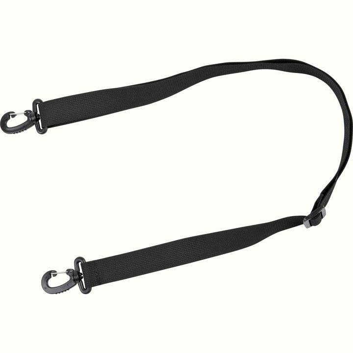 A black nylon strap with black and metal clips on both ends, displayed on a clean off-white background.