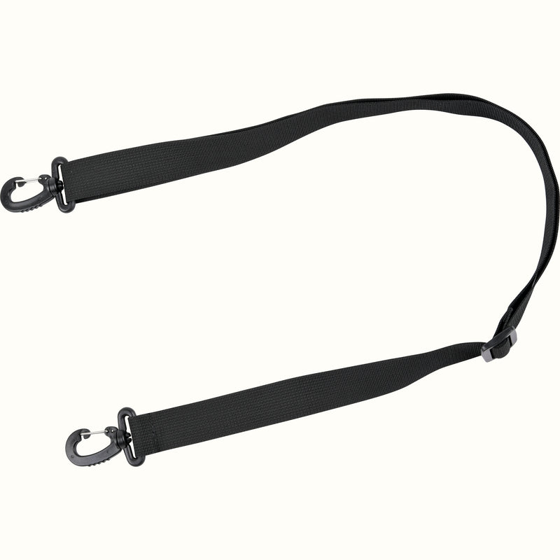 A black nylon strap with black and metal clips on both ends, displayed on a clean off-white background.