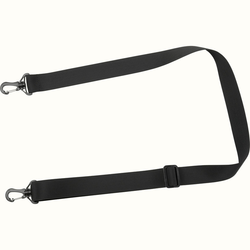 Black adjustable shoulder strap with metal clips on a white background.