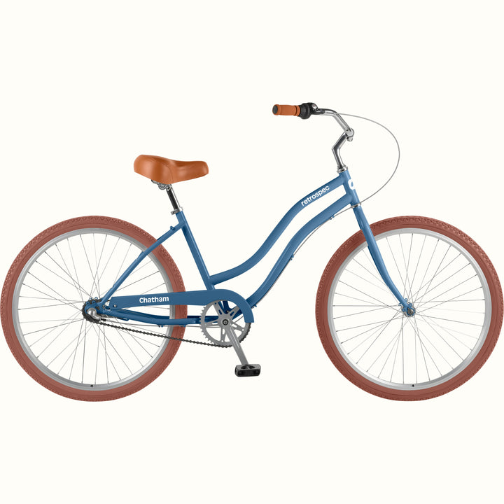 retrospec Chatham blue 3 speed beach cruiser step through bike with tan leather saddle and brown tires, right side view.