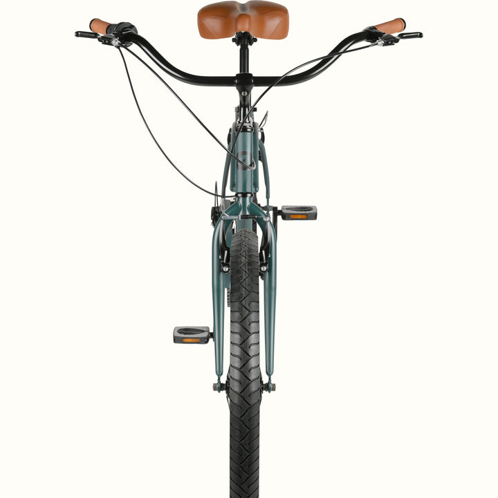 A green bicycle viewed from the front, with a brown saddle and handlebar grips, on a white background.