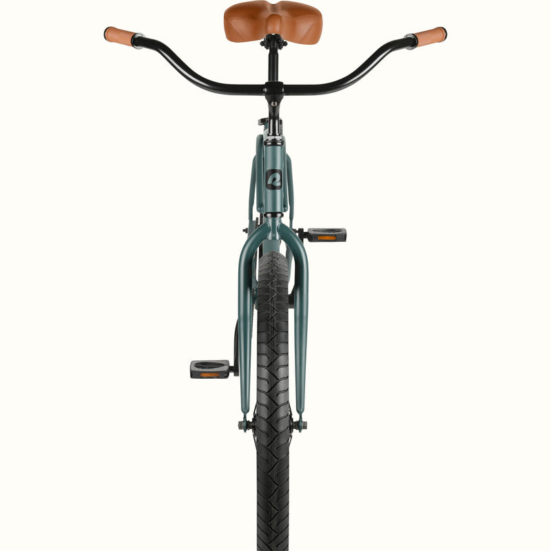 Front view of the retrospec Chatham Plus men's cruiser bicycle with swept-back handlebars and tan saddle

