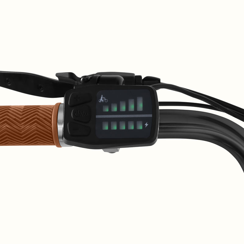 A close-up of the Chatham Rev 3 Beach Cruiser Electric Bike - Step Through's handlebar showcasing its digital panel.