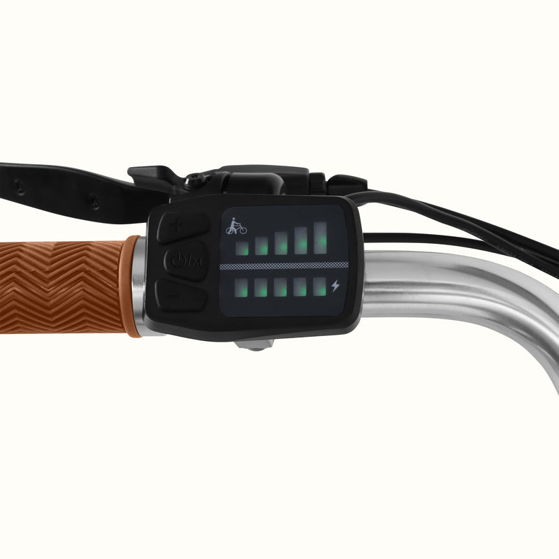 A close-up of the Chatham Rev 3 Beach Cruiser Electric Bike - Step Through's handlebar showcasing its digital panel.