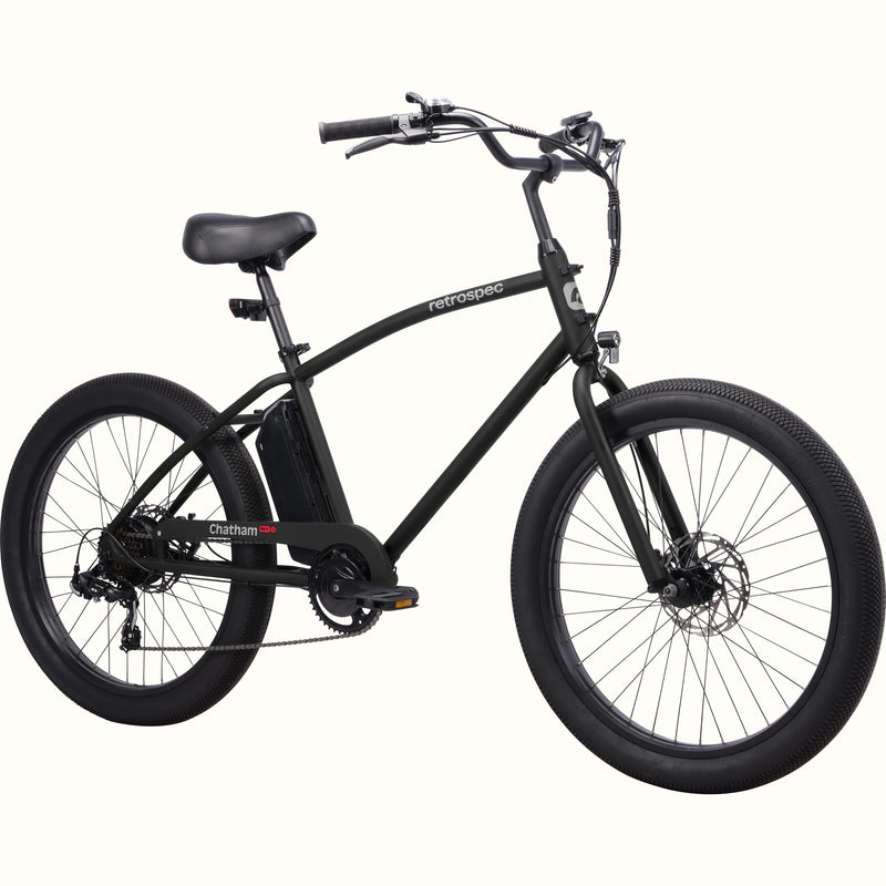 Black Chatham Rev 3 Beach Cruiser Electric Bike with 'retrospec' branding on a white background.