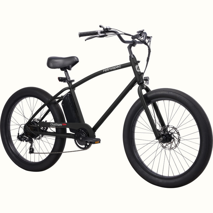 Black Chatham Rev 3 Beach Cruiser Electric Bike with 'retrospec' branding on a white background.