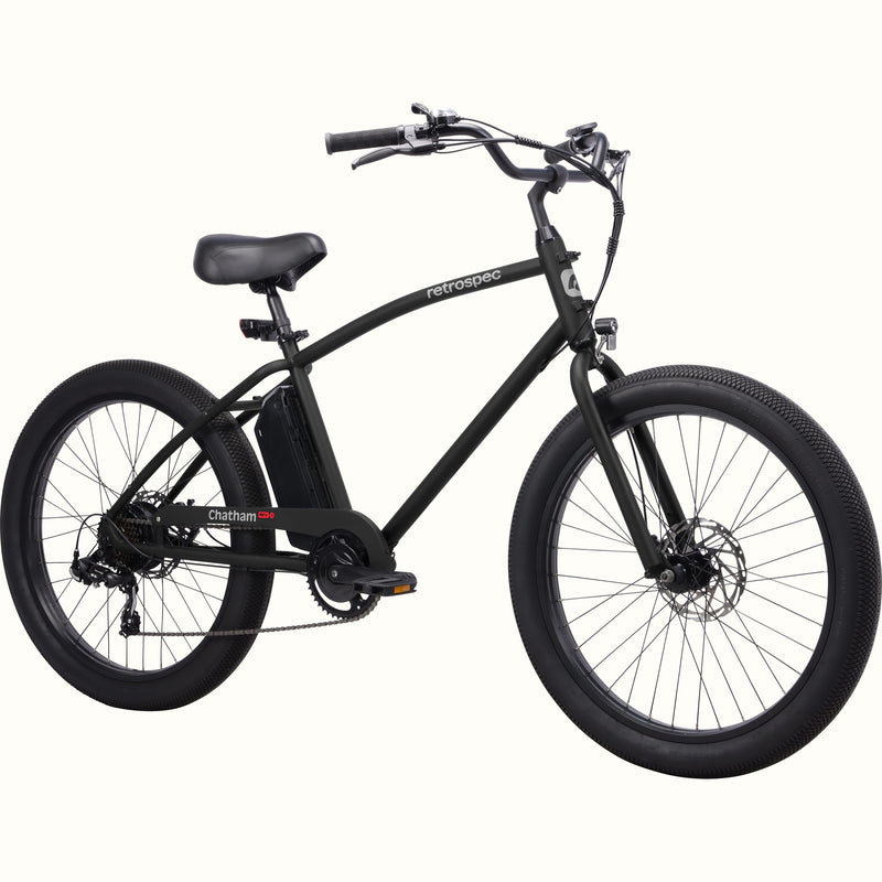 Black Chatham Rev 3 Beach Cruiser Electric Bike with 'retrospec' branding on a white background.