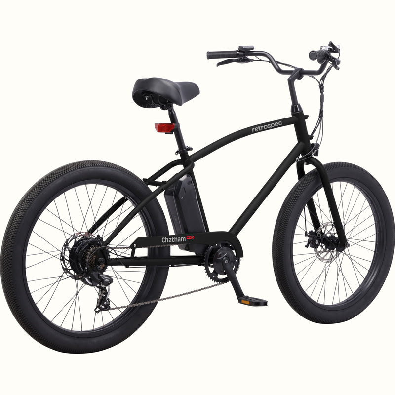 Black Chatham Rev 3 Beach Cruiser Electric Bike with 'retrospec' branding on a white background.