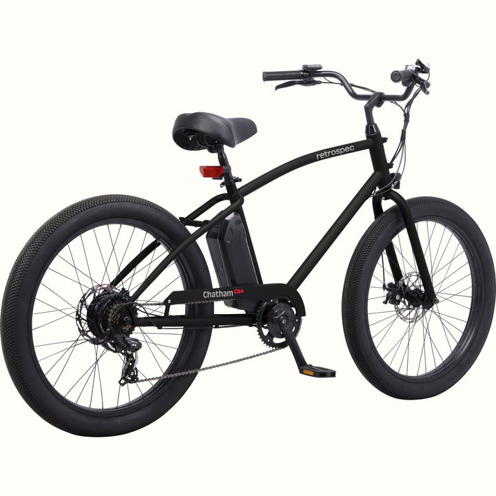 Black Chatham Rev 3 Beach Cruiser Electric Bike with 'retrospec' branding on a white background.