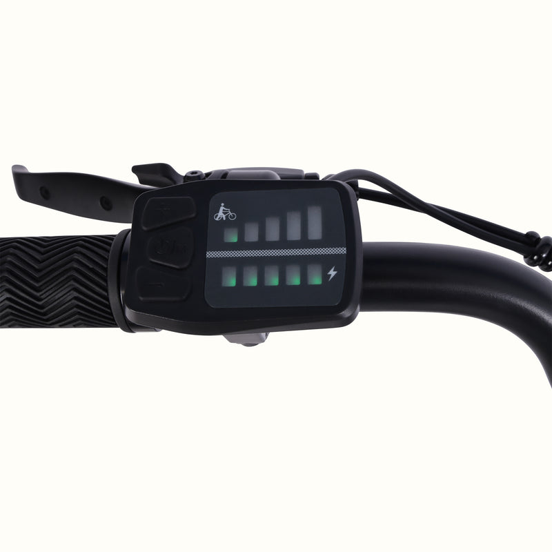Close-up of the Chatham Rev 3 Beach Cruiser Electric Bike's LED display E-System on a white background.