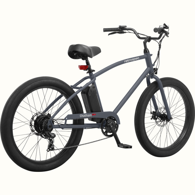 Matte Charcoal Gray Chatham Rev 3 Beach Cruiser Electric Bike with 'retrospec' branding on a white background.