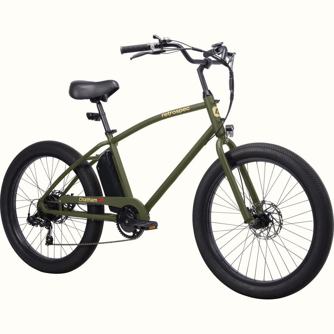 Green Chatham Rev 3 Beach Cruiser Electric Bike with 'retrospec' branding on a white background.