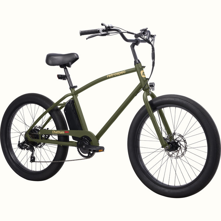 Green Chatham Rev 3 Beach Cruiser Electric Bike with 'retrospec' branding on a white background.