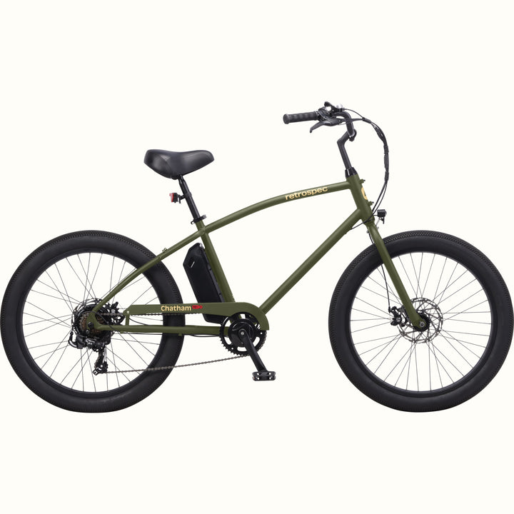 Green Chatham Rev 3 Beach Cruiser Electric Bike on a white background.