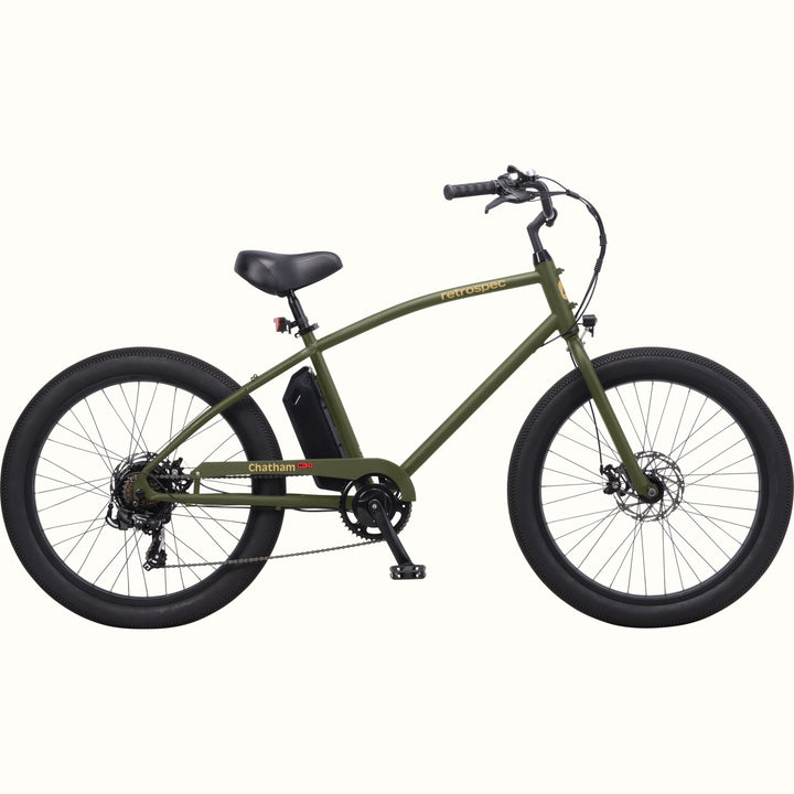 Green Chatham Rev 3 Beach Cruiser Electric Bike on a white background.