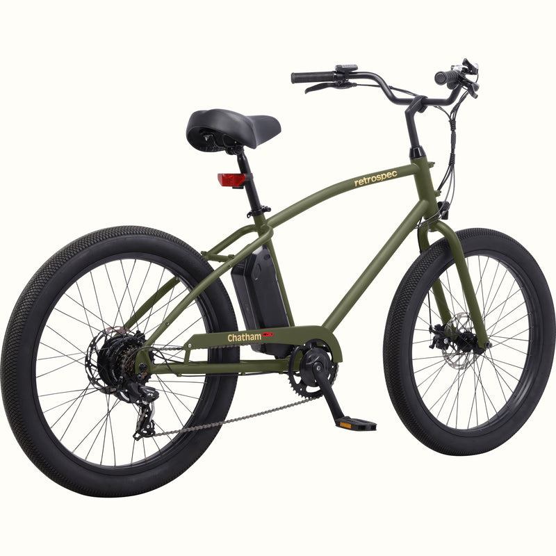 Green Chatham Rev 3 Beach Cruiser Electric Bike with 'retrospec' branding on a white background.