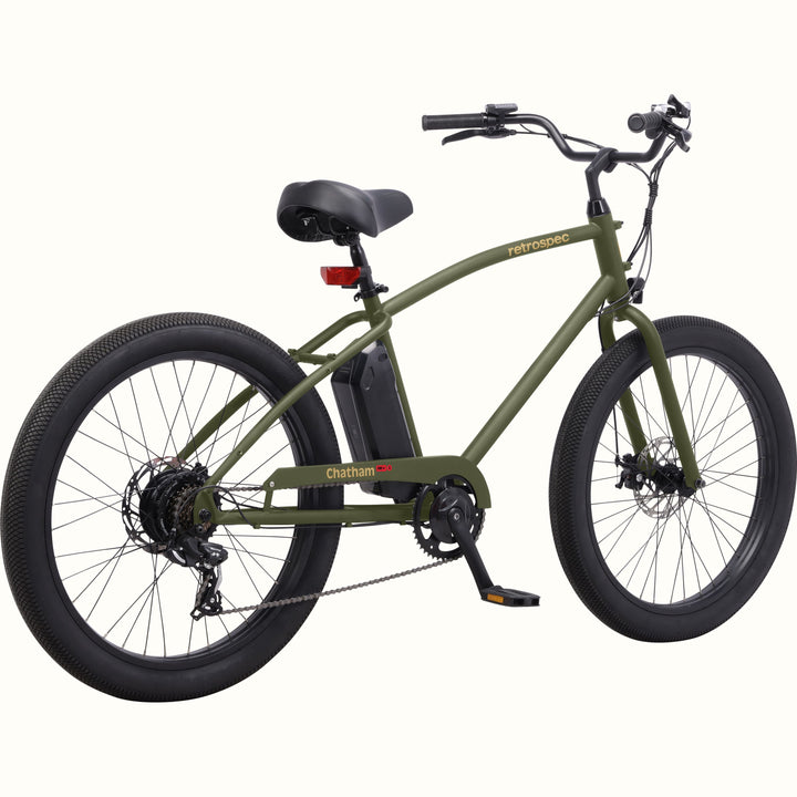 Green Chatham Rev 3 Beach Cruiser Electric Bike with 'retrospec' branding on a white background.