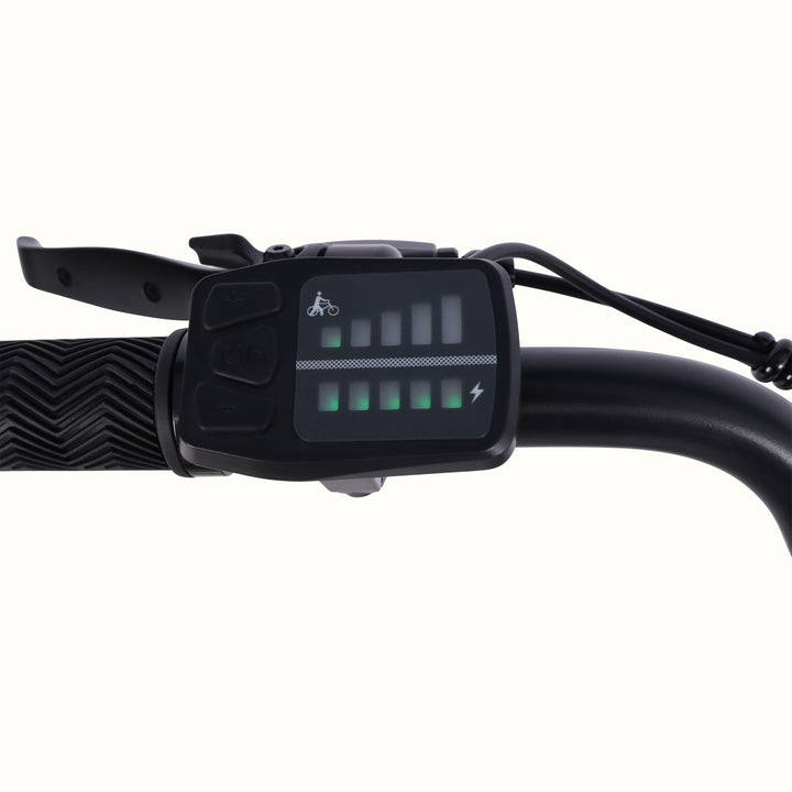 Close-up of the Chatham Rev 3 Beach Cruiser Electric Bike's LED display E-System on a white background.
