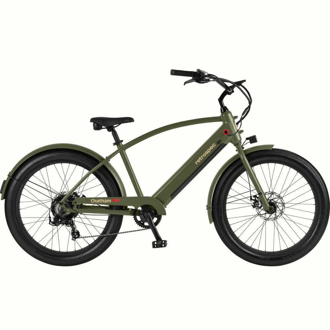Chatham Rev Plus 2 Beach Cruiser Electric Bike in Matte Olive Drab on a white background.