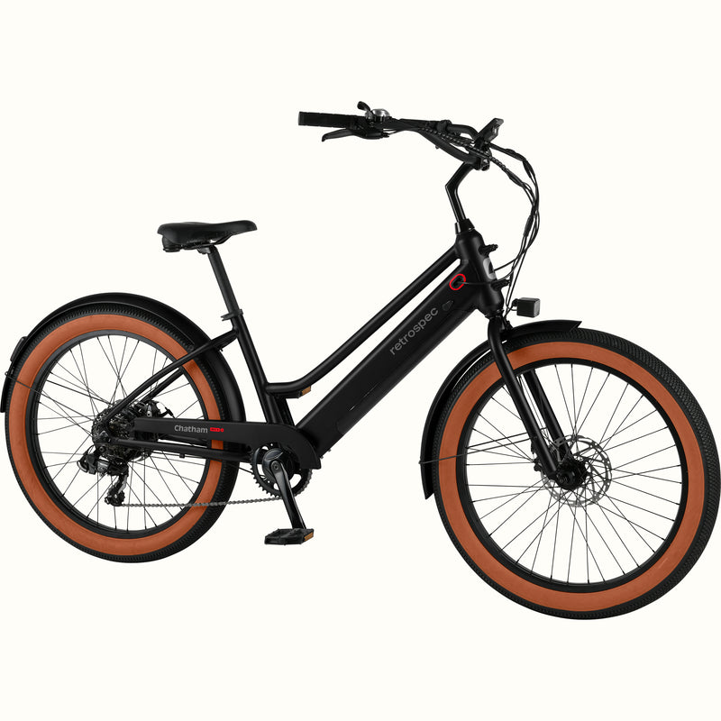 Black Chatham Rev+ 2 Beach Cruiser Electric Bike - Step Through with brown wheels on a white background.