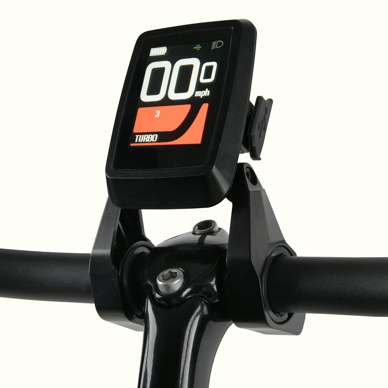 Ananda E-System on the Chatham Rev+ 2 Electric Beach Cruiser Bike's black handlebars.