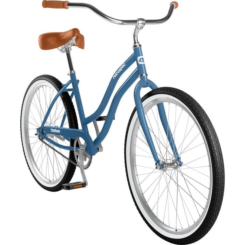 retrospec Chatham single speed cruiser bike, rear three-quarter angle showing chainguard and fenders