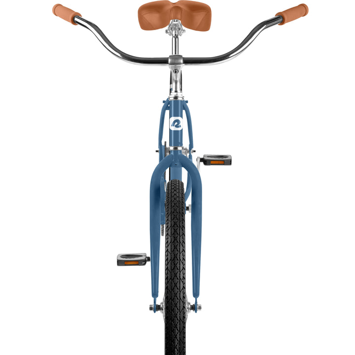 retrospec Chatham cruiser bike front view showing brown grips, saddle, and fork detail in Blue Tide