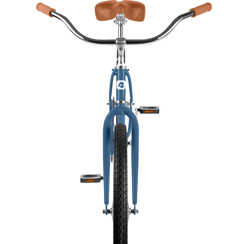 retrospec Chatham cruiser bike front view showing brown grips, saddle, and fork detail in Blue Tide