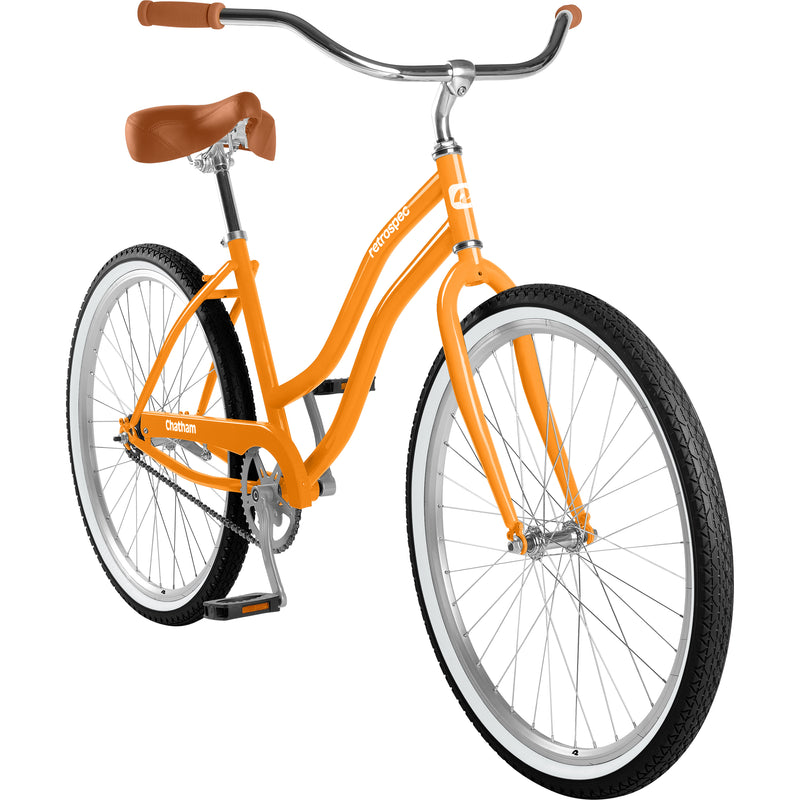 retrospec Chatham single speed cruiser bike, rear three-quarter angle showing chainguard and fenders