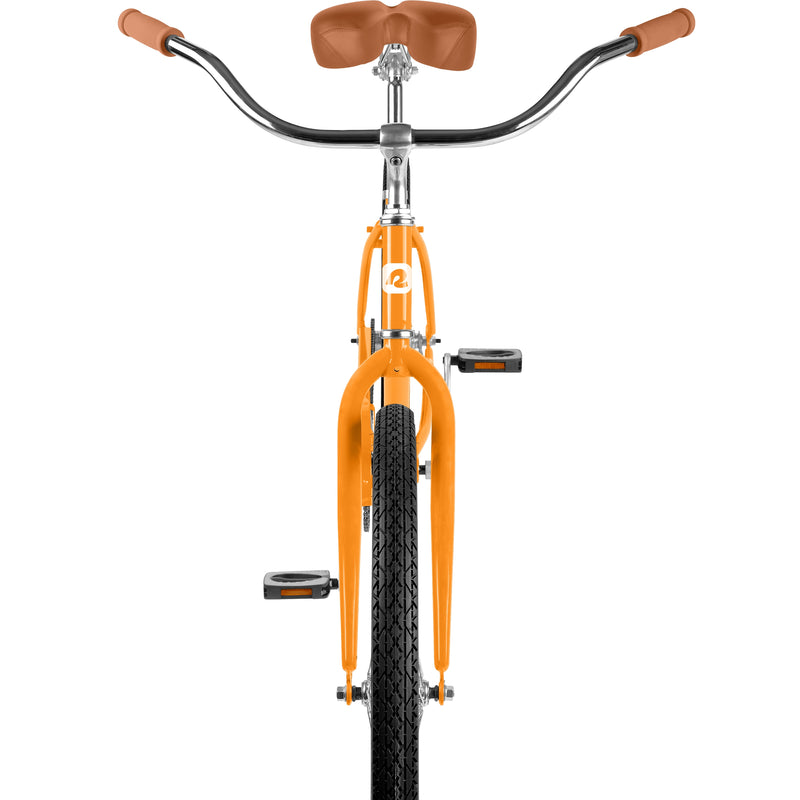 retrospec Chatham cruiser bike front view showing brown grips, saddle, and fork detail in Creamsicle