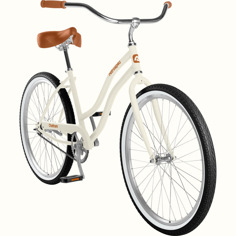 retrospec Chatham step through cruiser bike frame with chrome fork and brown saddle