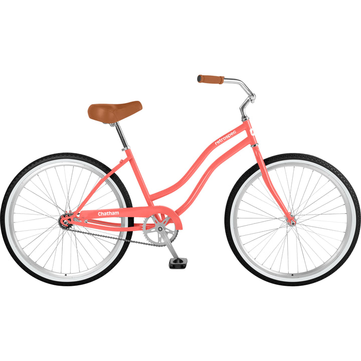 retrospec Chatham women's beach cruiser in Watermelon coral, full side profile studio shot on white