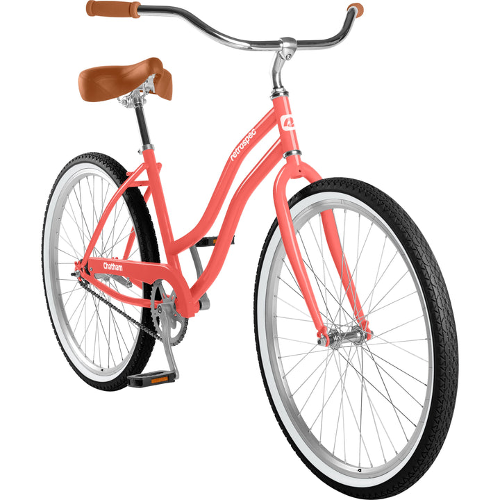 retrospec Chatham single speed cruiser bike, rear three-quarter angle showing chainguard and fenders