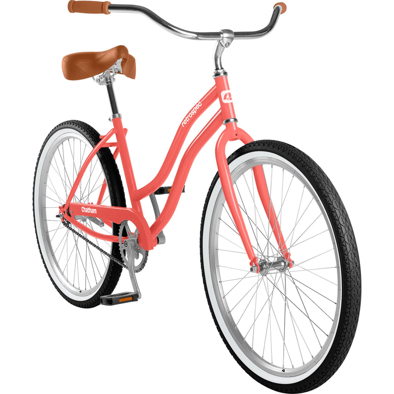 retrospec Chatham single speed cruiser bike, rear three-quarter angle showing chainguard and fenders