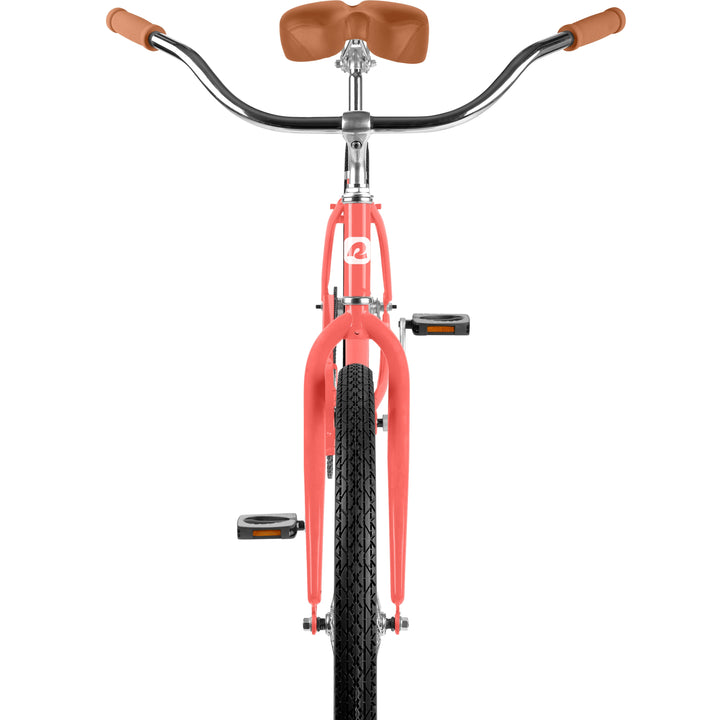 retrospec Chatham cruiser bike front view showing brown grips, saddle, and fork detail in Watermelon coral