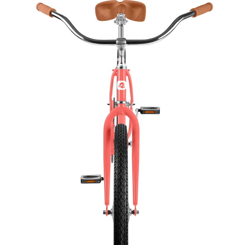 retrospec Chatham cruiser bike front view showing brown grips, saddle, and fork detail in Watermelon coral