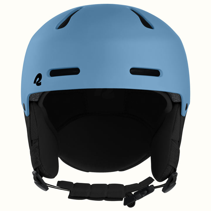 A matte blue ski helmet with black ventilation slots, a black interior padding, and an adjustable black chin strap, shown against a plain off-white background.