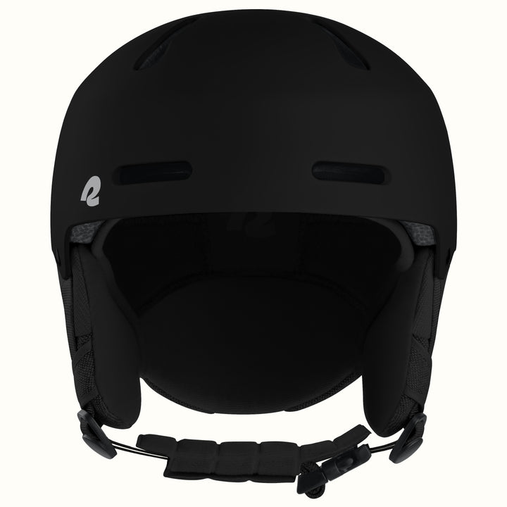 A matte black ski helmet with a chin strap, shown from the front against a plain white background.