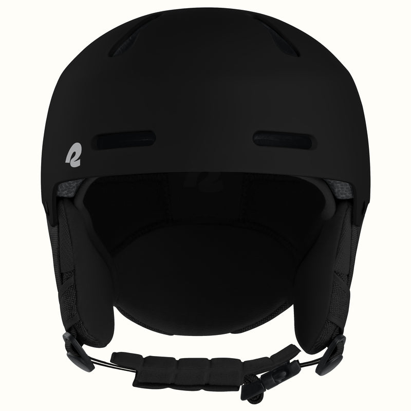 A matte black ski helmet with a chin strap, shown from the front against a plain white background.