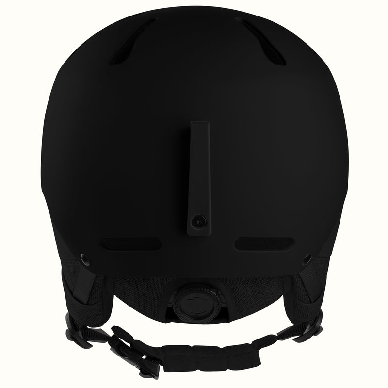 Matte black ski helmet shown from the back, featuring ventilation slots and an adjustable chin strap, isolated on a white background.
