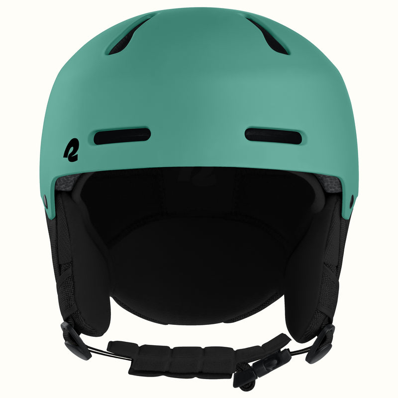 A matte mint green ski helmet with black ventilation slots, a black interior padding, and a black chin strap, shown against a plain off-white background.