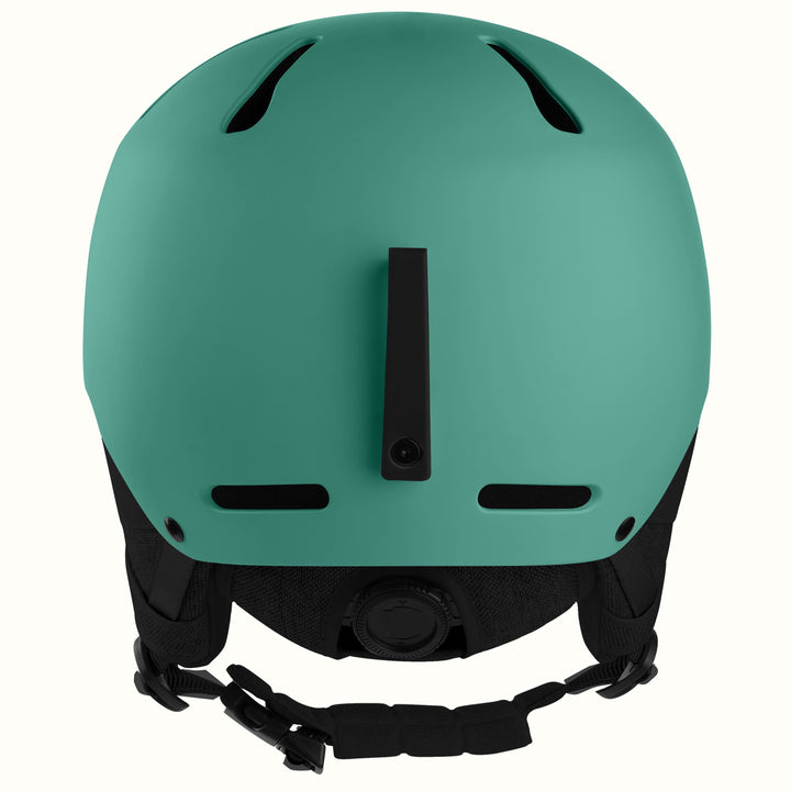 Matte mint green ski helmet shown from the back, featuring ventilation slots, a central black strap attachment point, and a black adjustable chin strap on a white background.