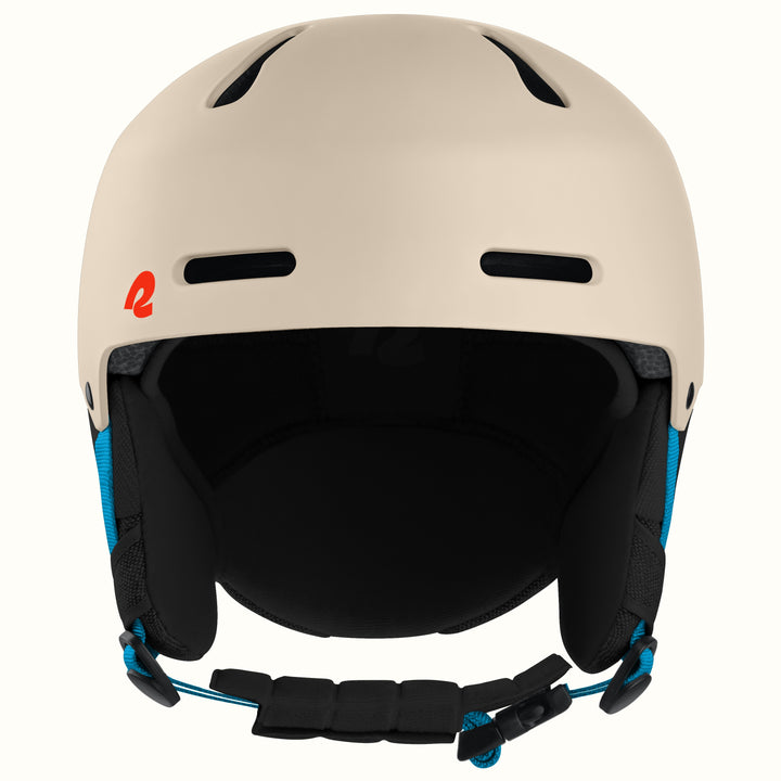 A matte beige ski helmet with black ventilation slots, a black interior padding, and blue adjustment straps, shown against a plain white background.