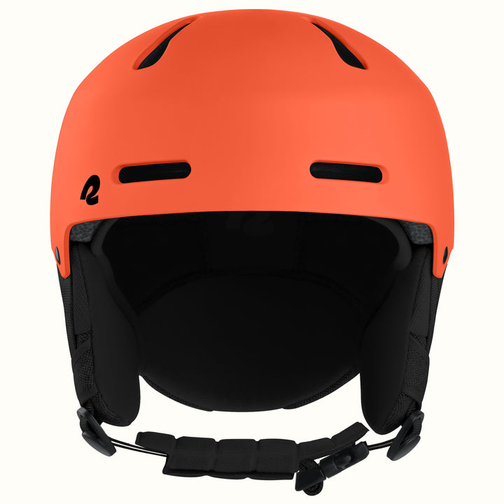 A matte orange ski helmet with black ventilation slots, a black interior padding, and a black chin strap, shown against a plain white background.