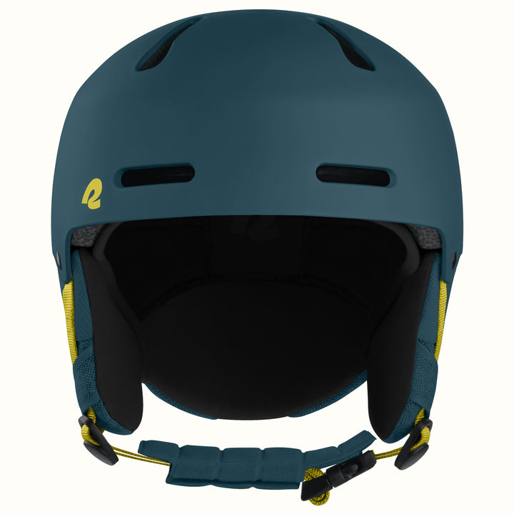 A matte dark teal ski helmet with yellow accents, including a small logo on the side and yellow details on the chin strap, shown against a plain white background.