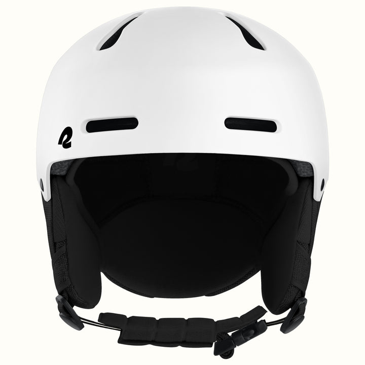 A white ski helmet with black ventilation slots, a black interior padding, and a black chin strap, shown against a plain off-white background.