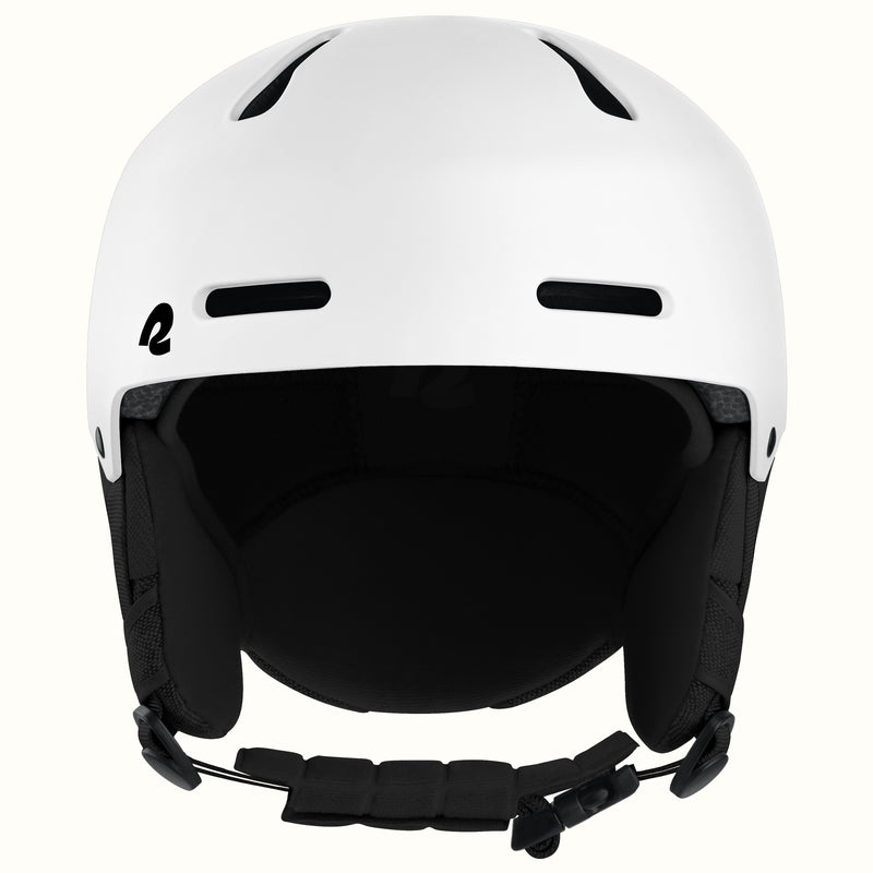 A white ski helmet with black ventilation slots, a black interior padding, and a black chin strap, shown against a plain off-white background.