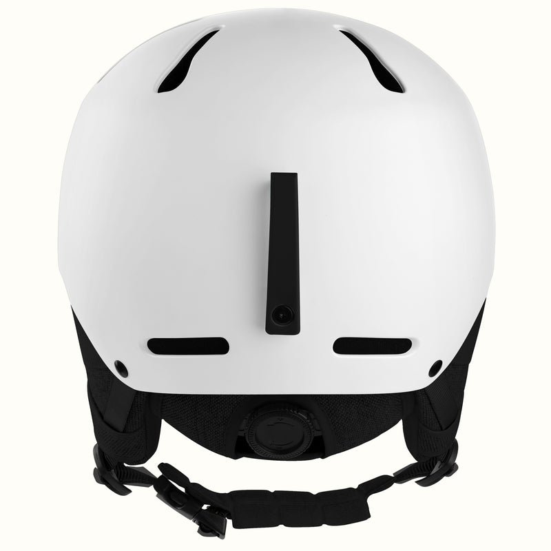 White ski helmet with black ventilation slots and black chin strap, shown from the back against a light off-white background.