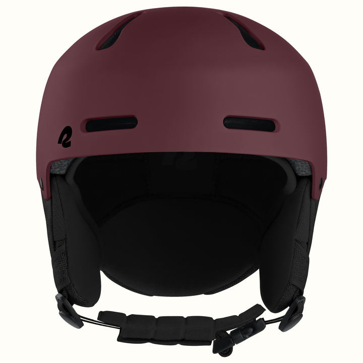 retrospec Comstock womens ski helmet in matte dark burgundy, front view showing plush ear pads and chin strap.